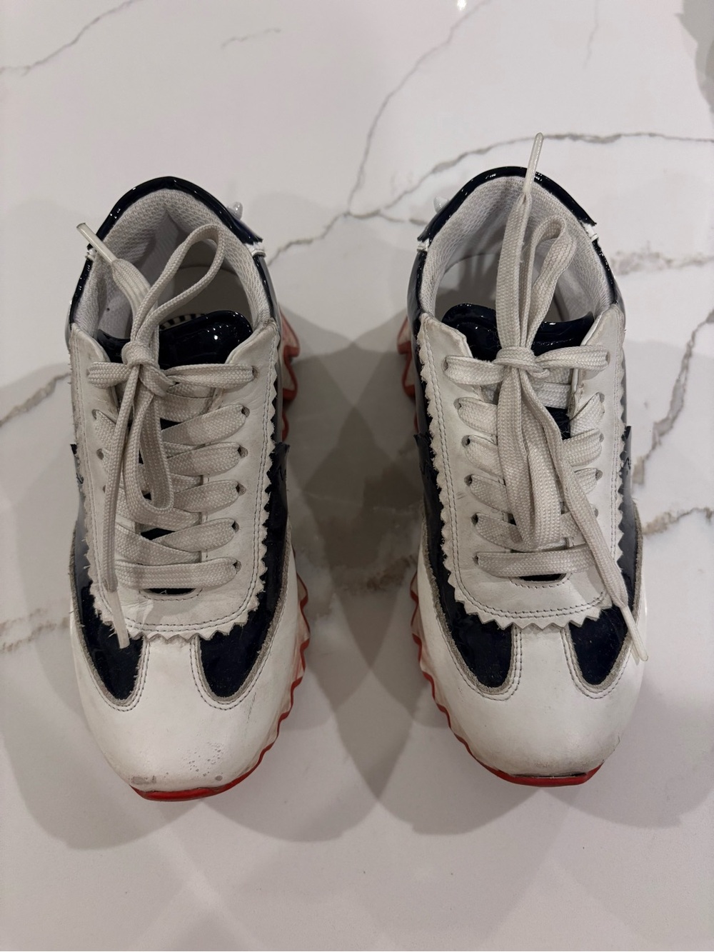 Christian Louboutin-LOUBISHARK White and Navy Lace-Up Sneakers with Red Sole